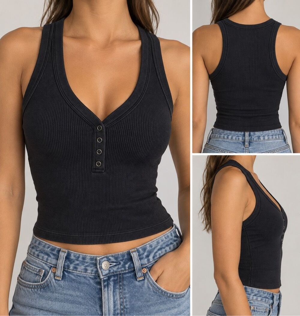 Abercrombie & Fitch XS Black Ribbed Henley Tank Top Y2K Fitted